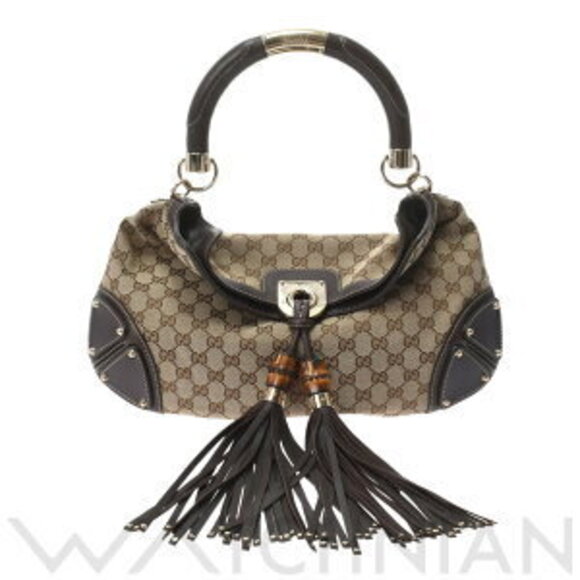 Gucci Handbags - Gucci Bamboo Handbag Beige Ebony Brown Leather GG Canvas Bag